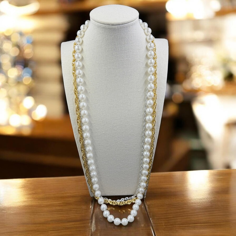 Vintage Faux Pearl Necklace Gold Silver Chain Layered 29" Classic Chic Coquette